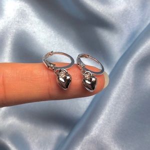 Silver Heart Puff Huggies Earrings